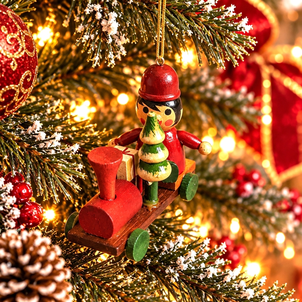 Vintage Handcrafted Wooden Christmas Train Ornament Elf Conductor VG